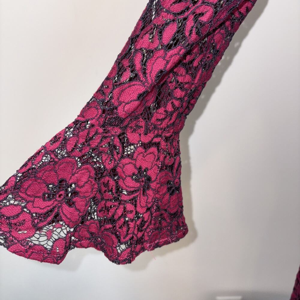 Retro Glam Illusion Lace Floral Holiday Cocktail Dress Burgundy Black 10 - Picture 6 of 15